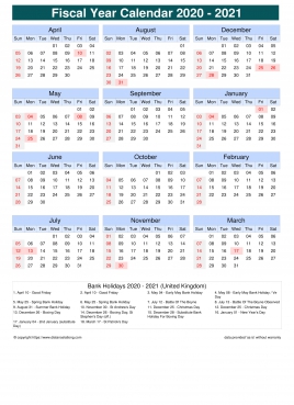 Fiscal Calendar Vertical Month Week Grid Sun Sat Holiday Uk Portrait 2020 2021