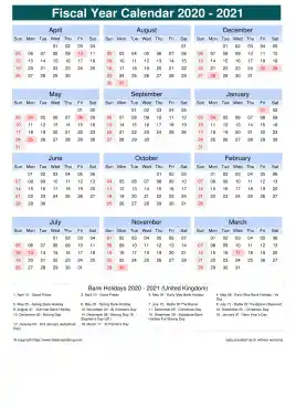 Fiscal Calendar Vertical Month Week Grid Sun Sat Holiday Uk Portrait 2020 2021