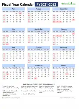 Fiscal Calendar Vertical Month Week Grid Sun Sat Holiday Uk Portrait 2021 2022