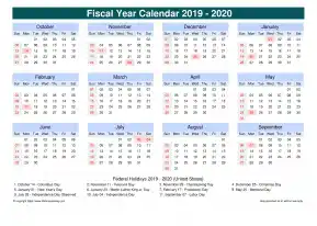 Fiscal Calendar Vertical Month Week Grid Sun Sat Holiday Us Cool Blue Landscape 2019 2020