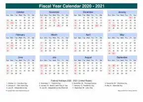 Fiscal Calendar Vertical Month Week Grid Sun Sat Holiday Us Cool Blue Landscape 2020 2021