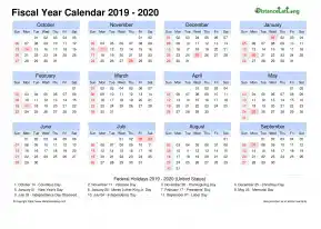 Fiscal Calendar Vertical Month Week Grid Sun Sat Holiday Us Landscape 2019 2020