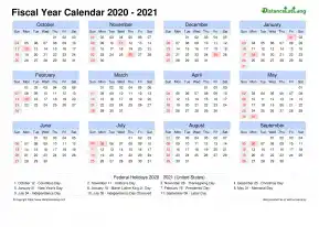 Fiscal Calendar Vertical Month Week Grid Sun Sat Holiday Us Landscape 2020 2021
