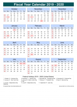 Fiscal Calendar Vertical Month Week Grid Sun Sat Holiday Us Portrait 2019 2020