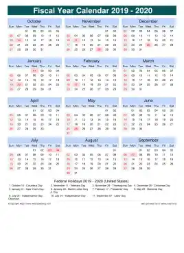 Fiscal Calendar Vertical Month Week Grid Sun Sat Holiday Us Portrait 2019 2020