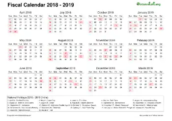 Fiscal Calendar Vertical Month Week Underline Sun Sat Holiday India 2018 2019