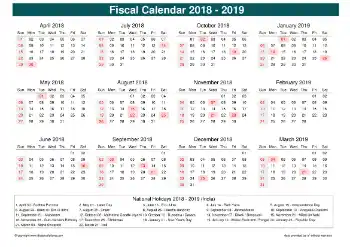 Fiscal Calendar Vertical Month Week Underline Sun Sat Holiday India Cool Blue 2018 2019