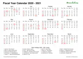Fiscal Calendar Vertical Month Week Underline Sun Sat Holiday India Landscape 2020 2021