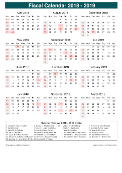 Fiscal Calendar Vertical Month Week Underline Sun Sat Holiday India Portrait 2018 2019