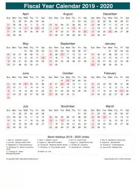 Fiscal Calendar Vertical Month Week Underline Sun Sat Holiday India Portrait 2019 2020