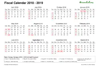 Fiscal Calendar Vertical Month Week Underline Sun Sat Holiday Uk 2018 2019