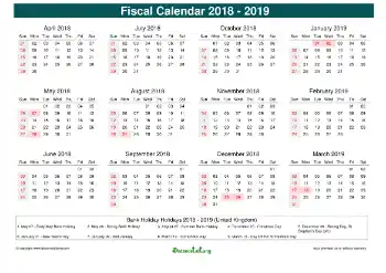 Fiscal Calendar Vertical Month Week Underline Sun Sat Holiday Uk Cool Blue 2018 2019
