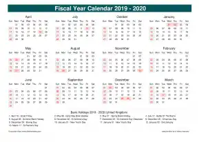 Fiscal Calendar Vertical Month Week Underline Sun Sat Holiday Uk Cool Blue Landscape 2019 2020