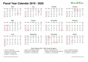 Fiscal Calendar Vertical Month Week Underline Sun Sat Holiday Uk Landscape 2019 2020