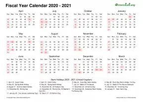 Fiscal Calendar Vertical Month Week Underline Sun Sat Holiday Uk Landscape 2020 2021