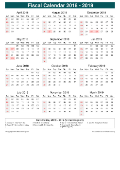 Fiscal Calendar Vertical Month Week Underline Sun Sat Holiday Uk Portrait 2018 2019