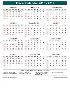 Fiscal Calendar Vertical Month Week Underline Sun Sat Holiday Uk Portrait 2018 2019