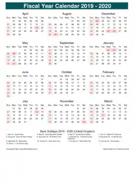 Fiscal Calendar Vertical Month Week Underline Sun Sat Holiday Uk Portrait 2019 2020