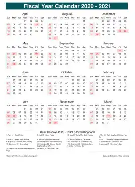 Fiscal Calendar Vertical Month Week Underline Sun Sat Holiday Uk Portrait 2020 2021