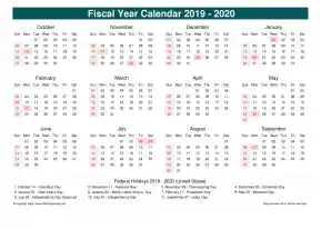 Fiscal Calendar Vertical Month Week Underline Sun Sat Holiday Us Cool Blue Landscape 2019 2020
