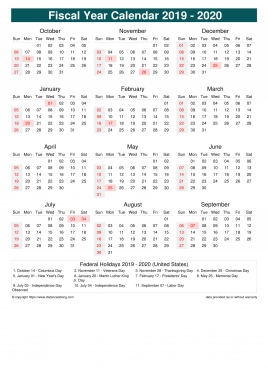 Fiscal Calendar Vertical Month Week Underline Sun Sat Holiday Us Portrait 2019 2020
