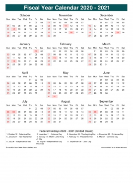 Fiscal Calendar Vertical Month Week Underline Sun Sat Holiday Us Portrait 2020 2021