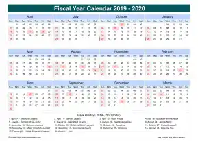 Fiscal Calendar Vertical Outer Border Sun Sat Holiday India Cool Blue Landscape 2019 2020