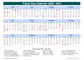 Fiscal Calendar Vertical Outer Border Sun Sat Holiday India Cool Blue Landscape 2020 2021