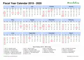 Fiscal Calendar Vertical Outer Border Sun Sat Holiday India Landscape 2019 2020