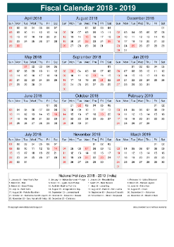 Fiscal Calendar Vertical Outer Border Sun Sat Holiday India Portrait 2018 2019
