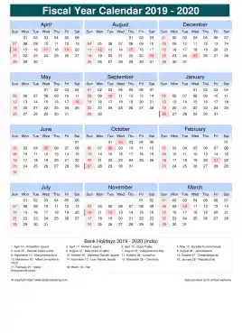 Fiscal Calendar Vertical Outer Border Sun Sat Holiday India Portrait 2019 2020