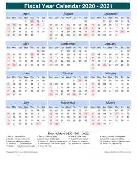 Fiscal Calendar Vertical Outer Border Sun Sat Holiday India Portrait 2020 2021