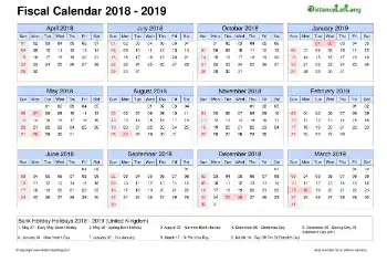 Fiscal Calendar Vertical Outer Border Sun Sat Holiday Uk 2018 2019