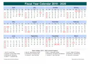 Fiscal Calendar Vertical Outer Border Sun Sat Holiday Uk Cool Blue Landscape 2019 2020
