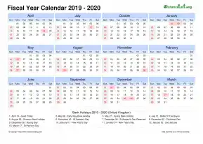 Fiscal Calendar Vertical Outer Border Sun Sat Holiday Uk Landscape 2019 2020