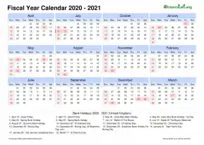 Fiscal Calendar Vertical Outer Border Sun Sat Holiday Uk Landscape 2020 2021
