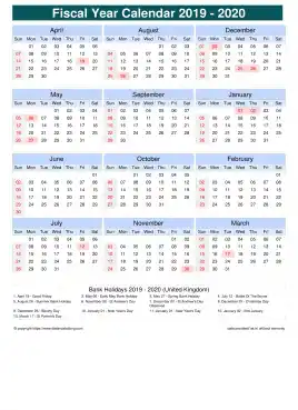 Fiscal Calendar Vertical Outer Border Sun Sat Holiday Uk Portrait 2019 2020