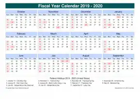 Fiscal Calendar Vertical Outer Border Sun Sat Holiday Us Cool Blue Landscape 2019 2020