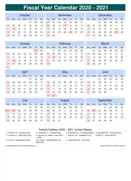 Fiscal Calendar Vertical Outer Border Sun Sat Holiday Us Portrait 2020 2021