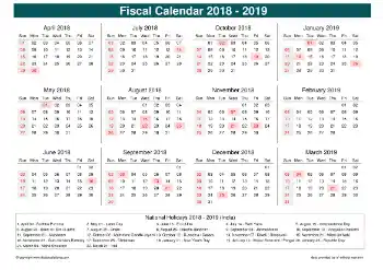 Fiscal Calendar Vertical Week Underline With Month Split Sun Sat Holiday India Cool Blue 2018 2019