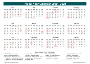 Fiscal Calendar Vertical Week Underline With Month Split Sun Sat Holiday India Cool Blue Landscape 2019 2020
