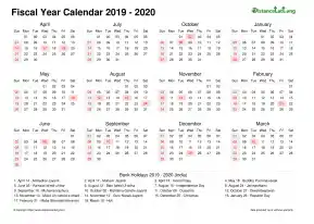 Fiscal Calendar Vertical Week Underline With Month Split Sun Sat Holiday India Landscape 2019 2020
