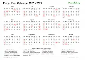 Fiscal Calendar Vertical Week Underline With Month Split Sun Sat Holiday India Landscape 2020 2021