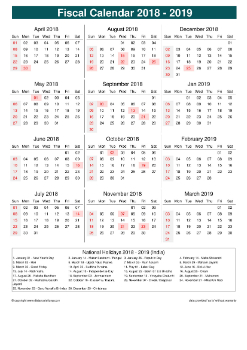 Fiscal Calendar Vertical Week Underline With Month Split Sun Sat Holiday India Portrait 2018 2019