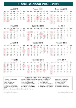 Fiscal Calendar Vertical Week Underline With Month Split Sun Sat Holiday India Portrait 2018 2019