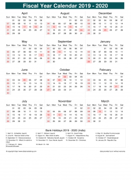 Fiscal Calendar Vertical Week Underline With Month Split Sun Sat Holiday India Portrait 2019 2020