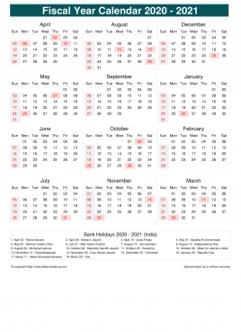 Fiscal Calendar Vertical Week Underline With Month Split Sun Sat Holiday India Portrait 2020 2021