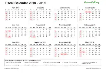 Fiscal Calendar Vertical Week Underline With Month Split Sun Sat Holiday Uk 2018 2019