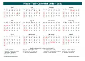 Fiscal Calendar Vertical Week Underline With Month Split Sun Sat Holiday Uk Cool Blue Landscape 2019 2020
