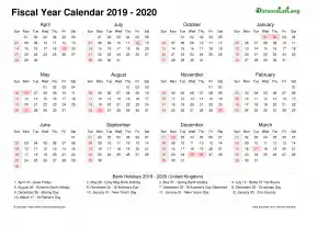 Fiscal Calendar Vertical Week Underline With Month Split Sun Sat Holiday Uk Landscape 2019 2020